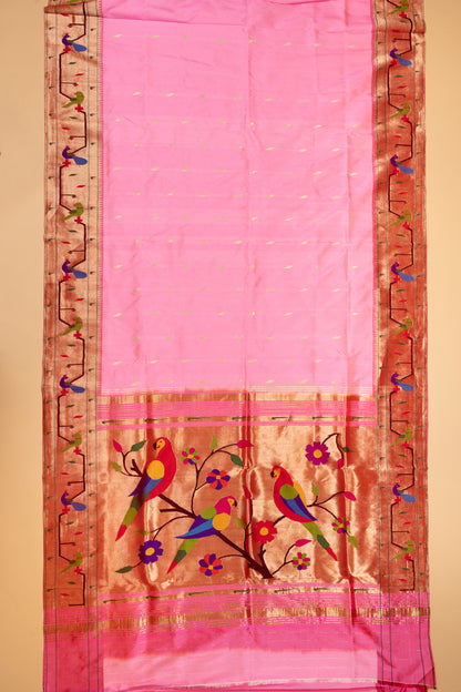 Paithani Silk Butta Baby Pink Saree With Akruthi Border
