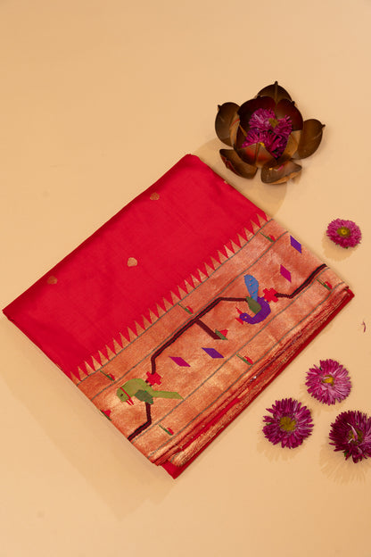 Paithani Silk Butta Red Saree With Akruthi Border