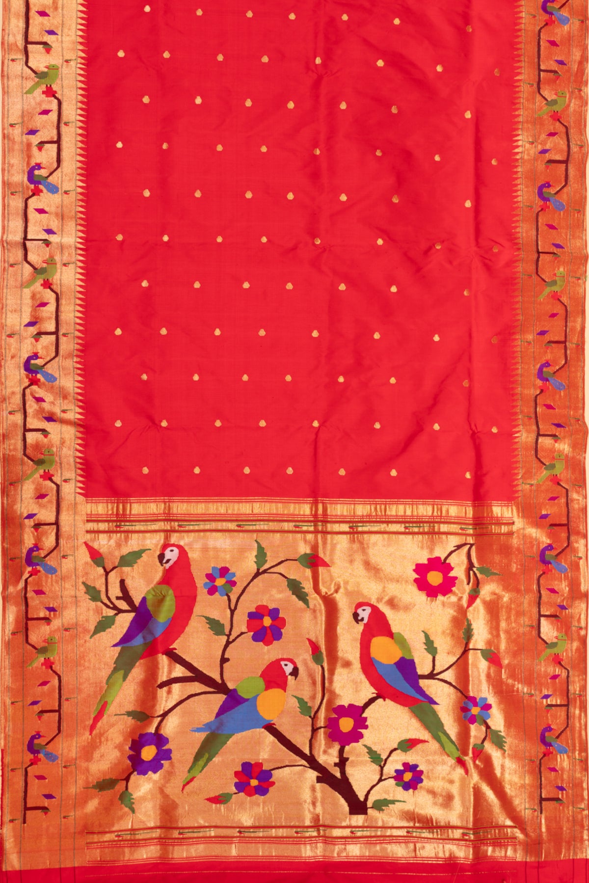 Paithani Silk Butta Red Saree With Akruthi Border