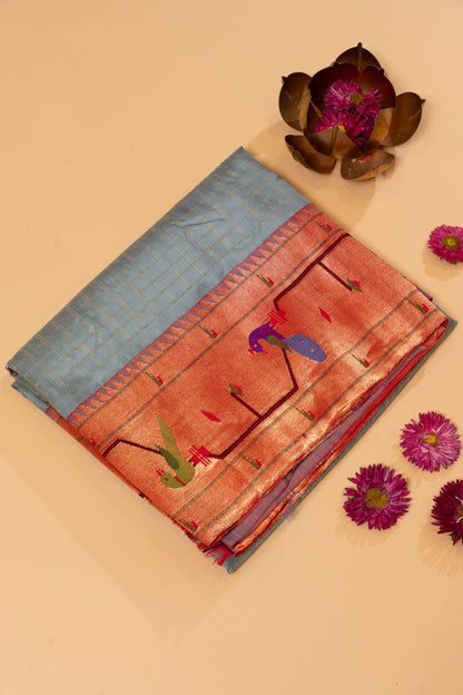 Paithani Silk Checks Grey Saree With Akruthi Border