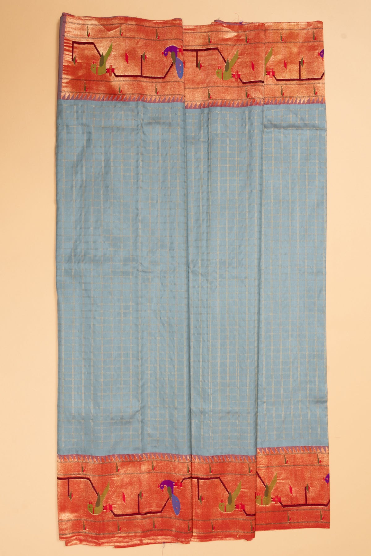 Paithani Silk Checks Grey Saree With Akruthi Border
