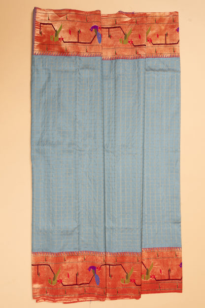 Paithani Silk Checks Grey Saree With Akruthi Border