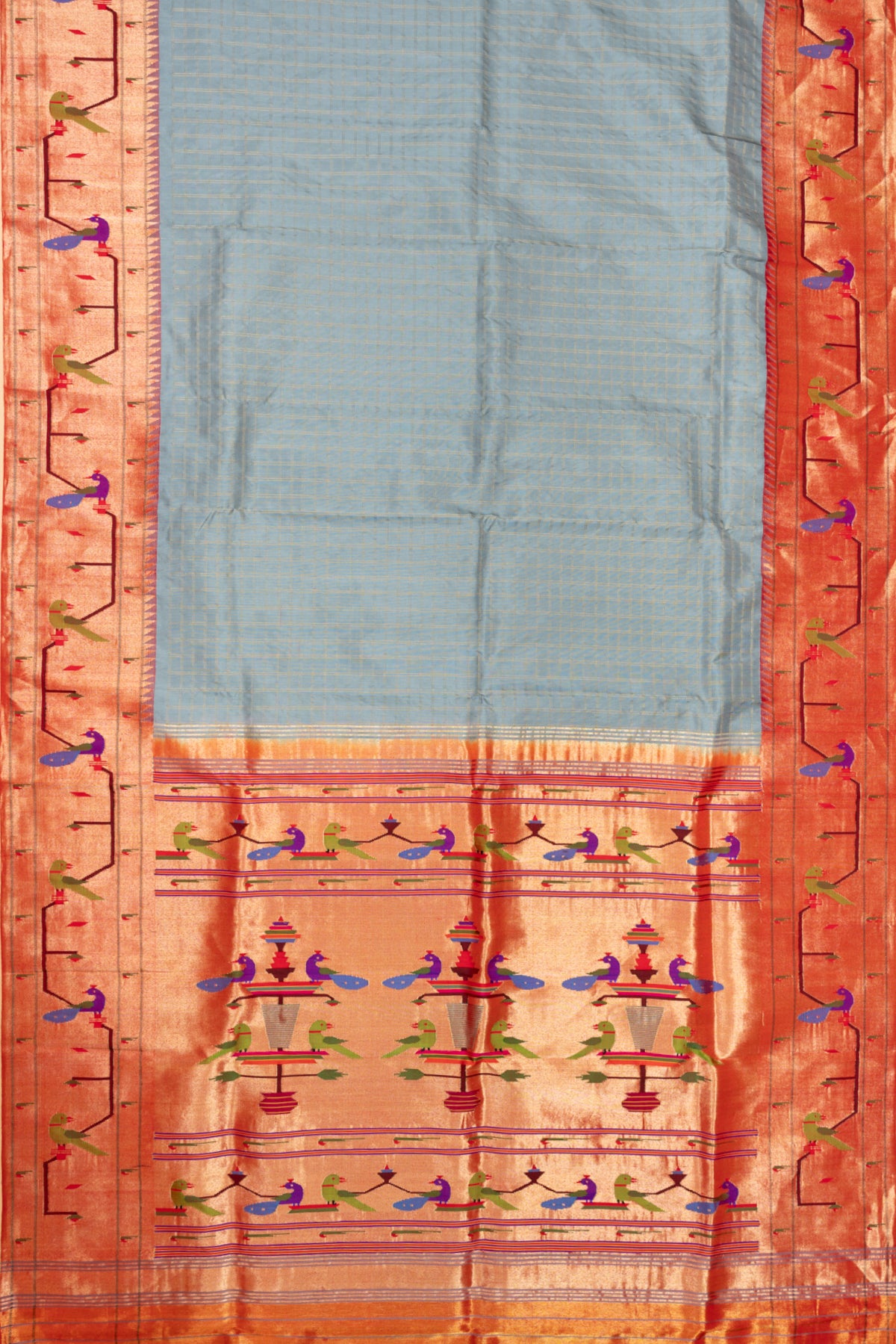 Paithani Silk Checks Grey Saree With Akruthi Border