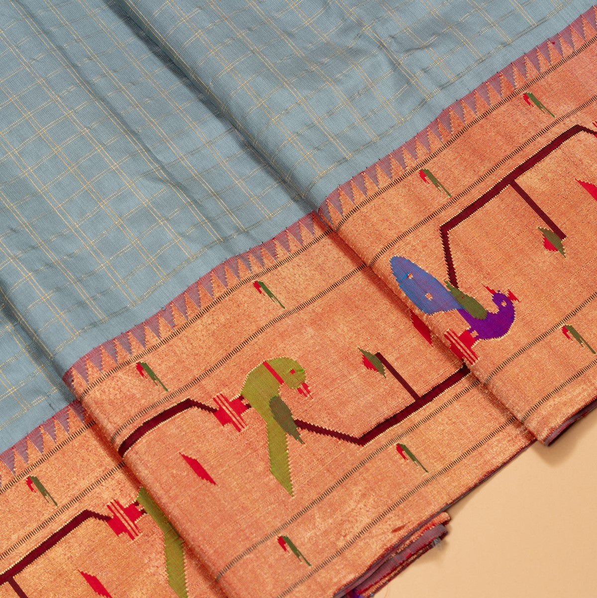 Paithani Silk Checks Grey Saree With Akruthi Border