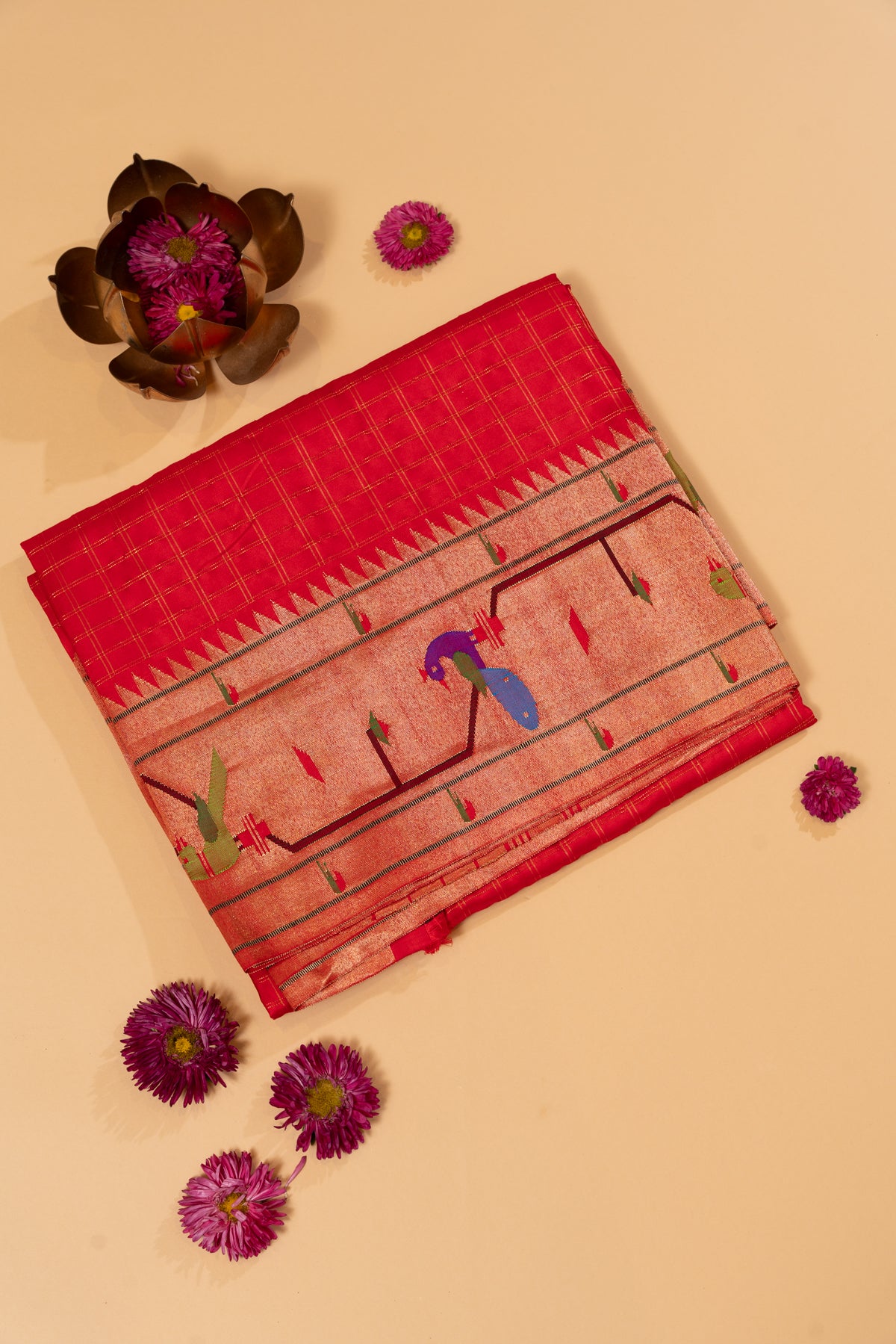 Paithani Silk Checks Red Saree With Akruthi Border