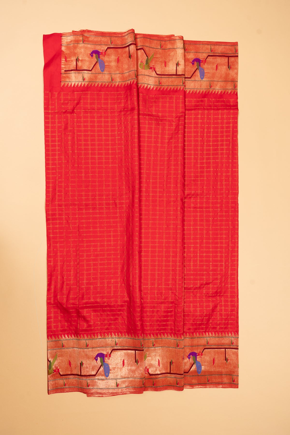 Paithani Silk Checks Red Saree With Akruthi Border