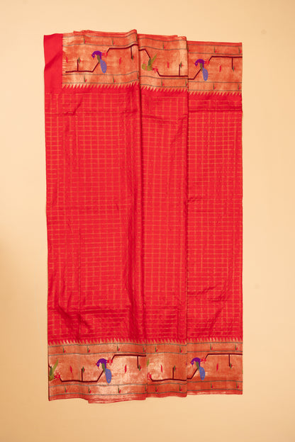 Paithani Silk Checks Red Saree With Akruthi Border