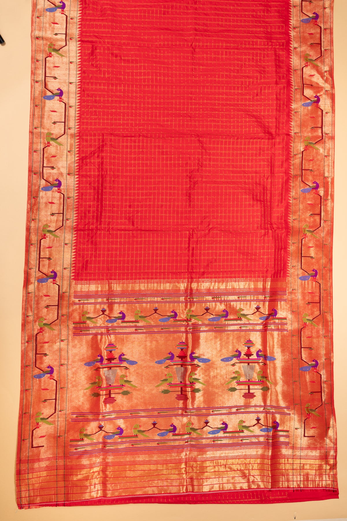 Paithani Silk Checks Red Saree With Akruthi Border