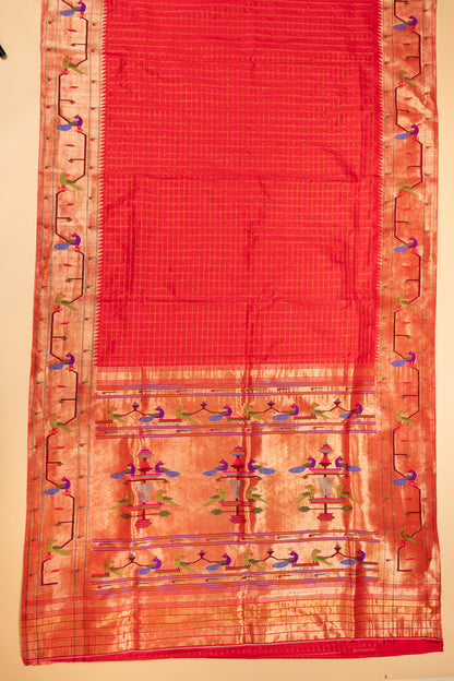 Paithani Silk Checks Red Saree With Akruthi Border