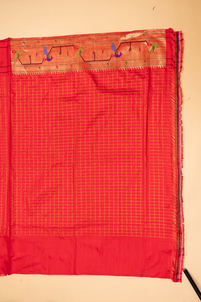 Paithani Silk Checks Red Saree With Akruthi Border