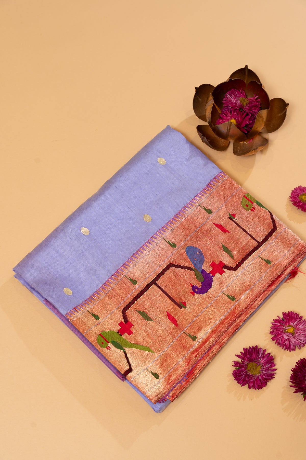 Paithani Silk Butta Lavender Saree With Akruthi Border