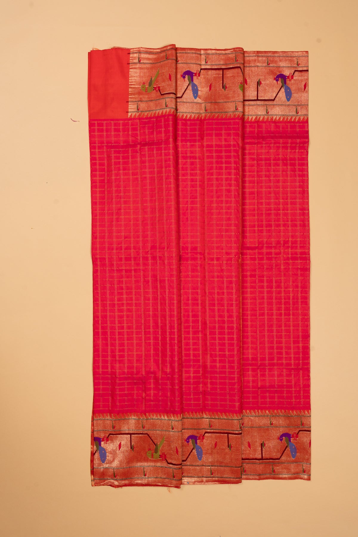 Paithani Silk Checks Red Saree With Akruthi Border