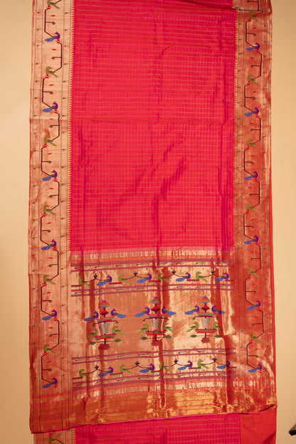 Paithani Silk Checks Red Saree With Akruthi Border