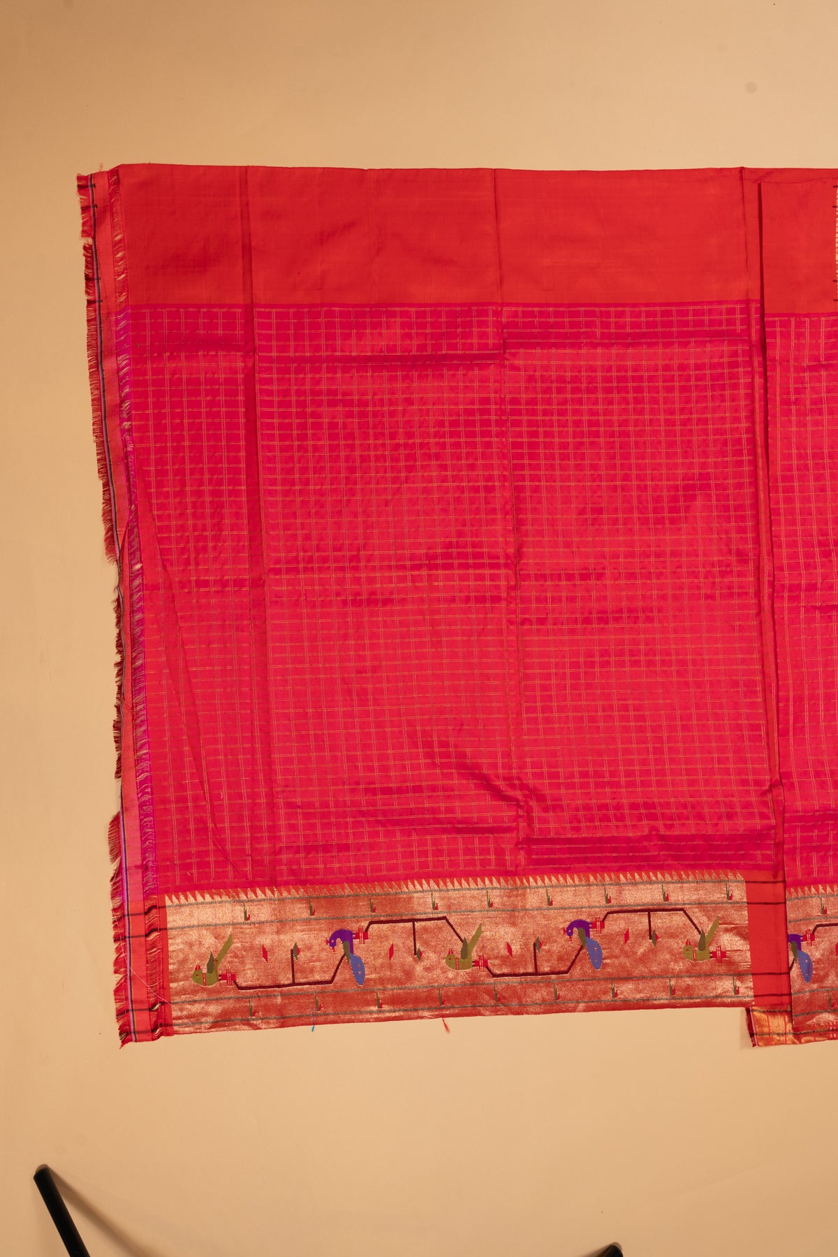 Paithani Silk Checks Red Saree With Akruthi Border