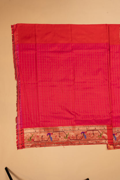 Paithani Silk Checks Red Saree With Akruthi Border