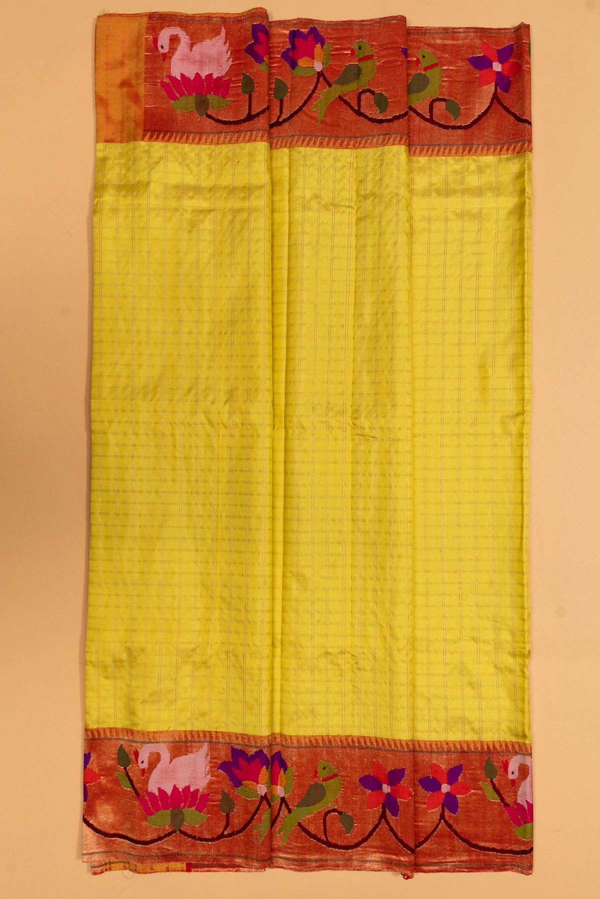 Paithani Silk Checks Lemon Yellow Saree With Padma Kamal Border