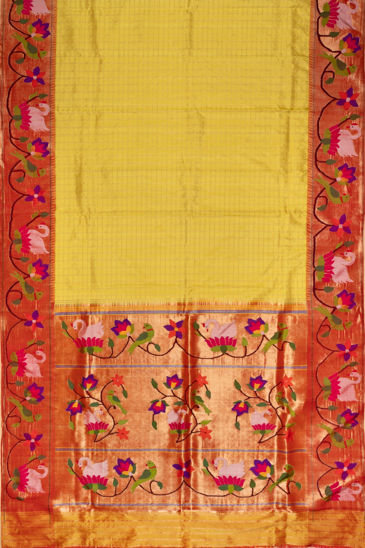 Paithani Silk Checks Lemon Yellow Saree With Padma Kamal Border