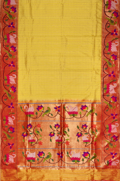 Paithani Silk Checks Lemon Yellow Saree With Padma Kamal Border