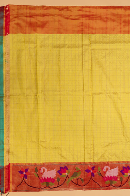 Paithani Silk Checks Lemon Yellow Saree With Padma Kamal Border
