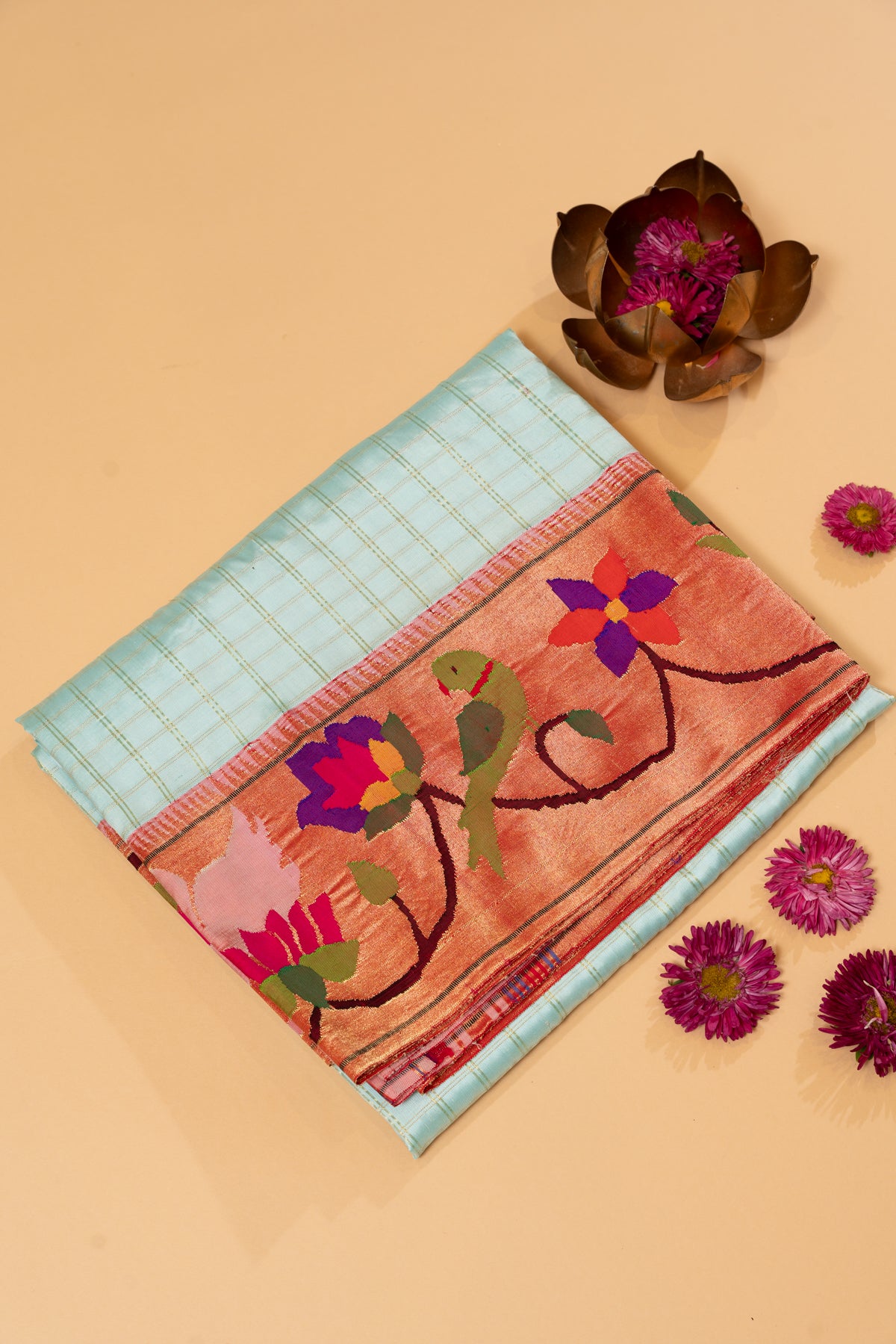 Paithani Silk Checks Pastel Blue Saree With Padma Kamal Border