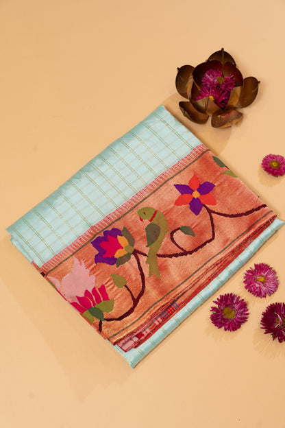Paithani Silk Checks Pastel Blue Saree With Padma Kamal Border