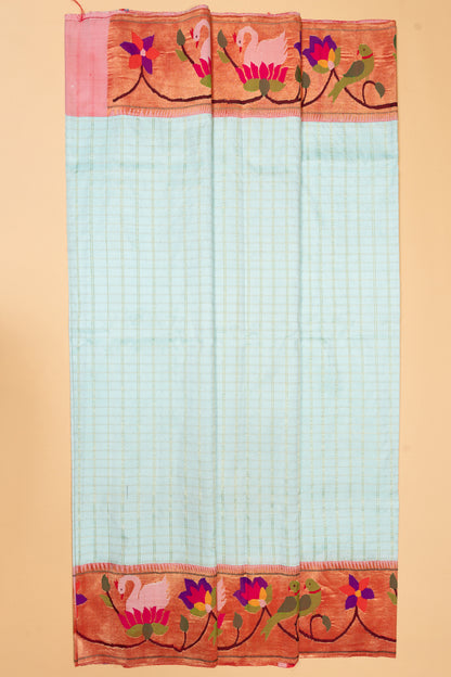 Paithani Silk Checks Pastel Blue Saree With Padma Kamal Border