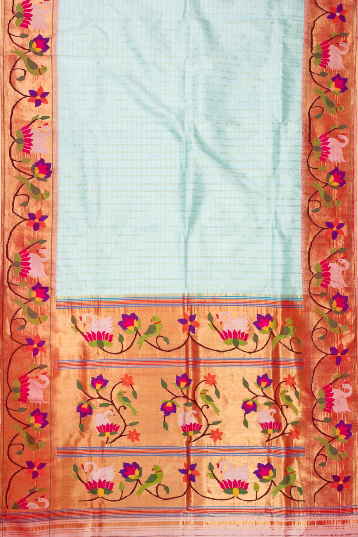 Paithani Silk Checks Pastel Blue Saree With Padma Kamal Border