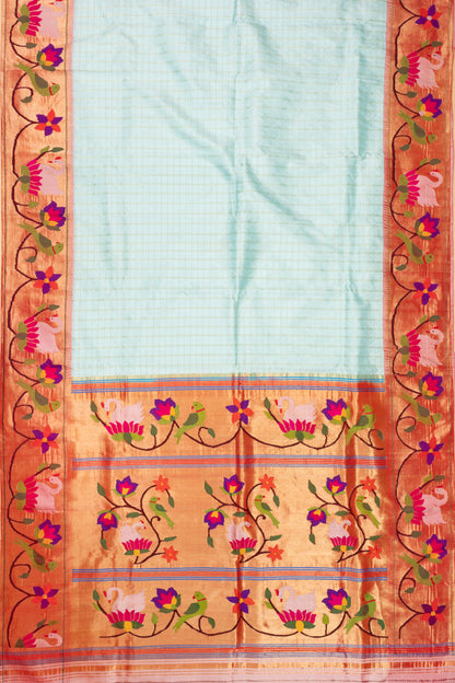 Paithani Silk Checks Pastel Blue Saree With Padma Kamal Border