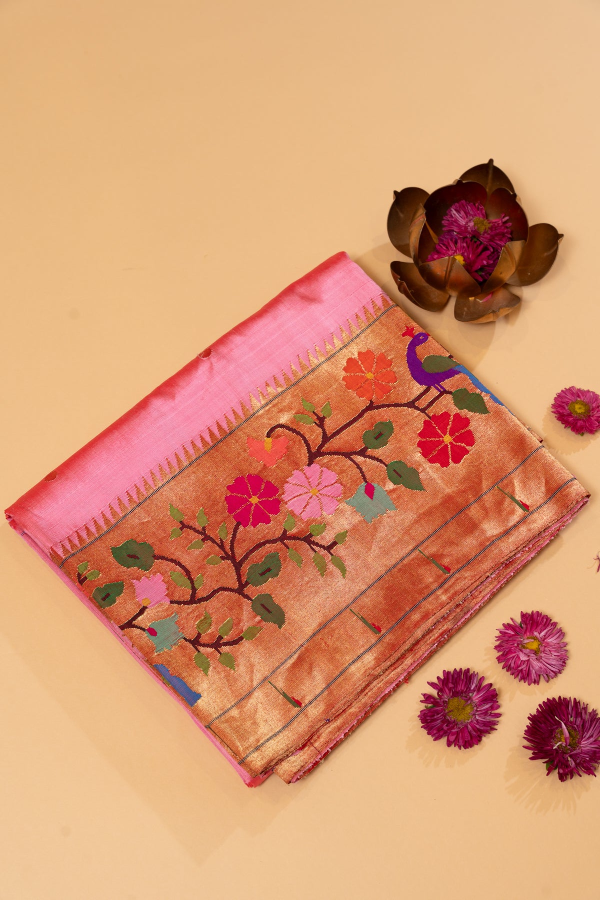 Paithani Silk Butta Baby Pink Saree With Morachi Border