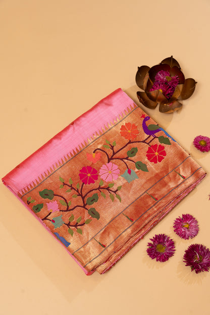 Paithani Silk Butta Baby Pink Saree With Morachi Border