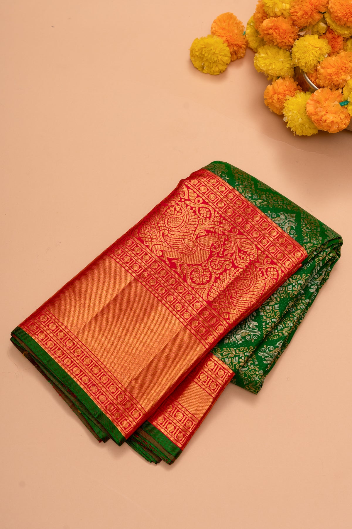 Kanchipuram Silk Brocade Bottle Green Saree