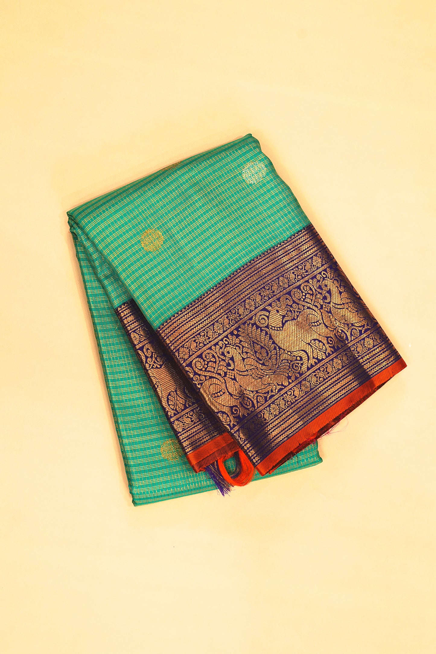 Kanchipuram Silk Checks And Butta Green Saree