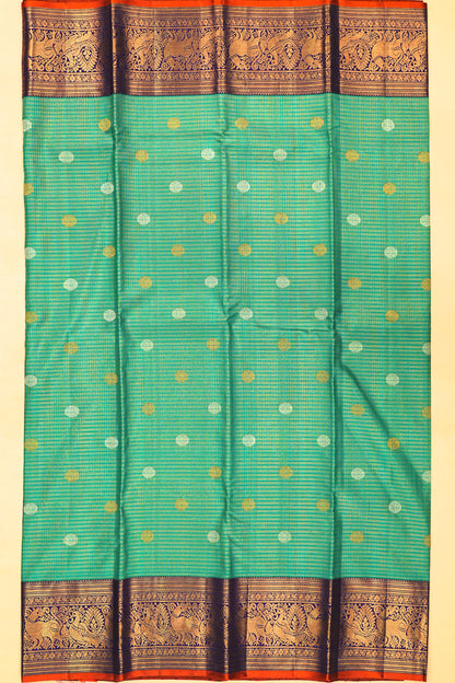 Kanchipuram Silk Checks And Butta Green Saree