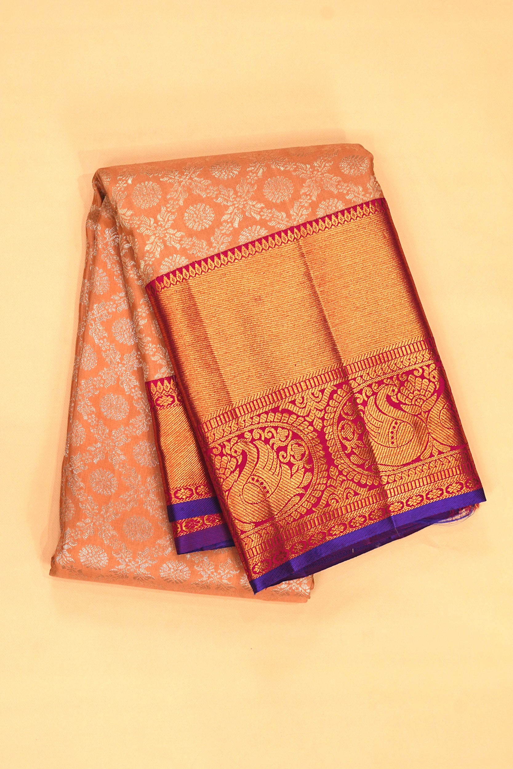 Kanchipuram Silk Jaal And Butta Pastel Orange Saree