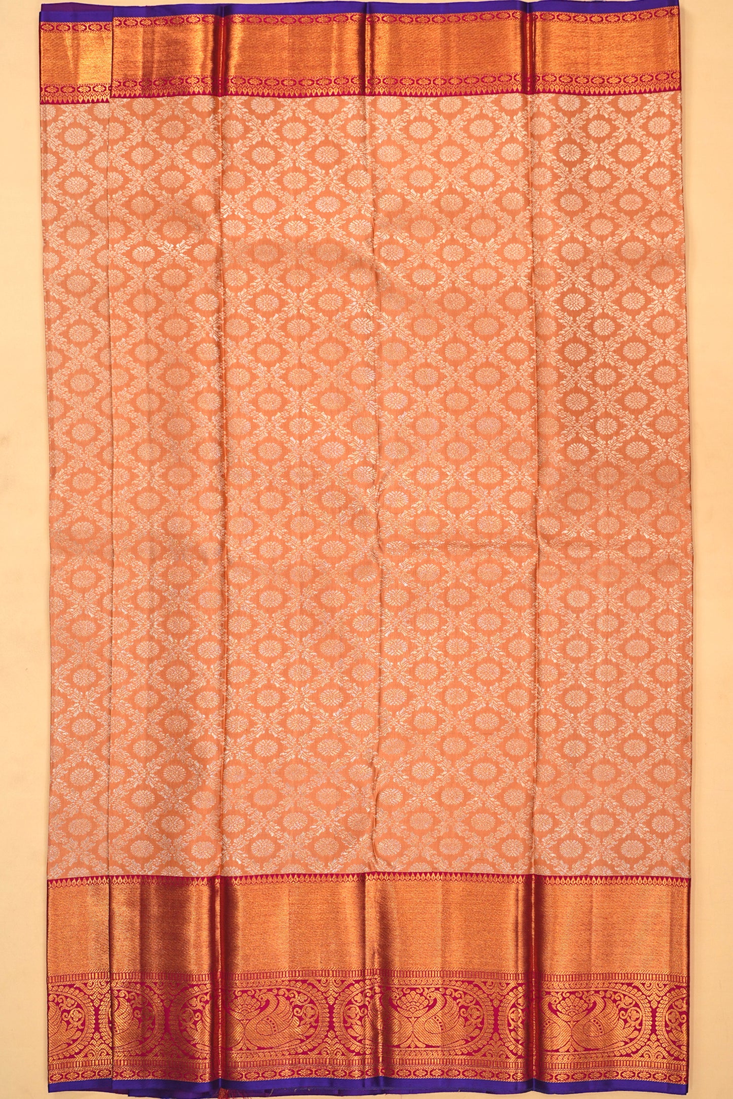 Kanchipuram Silk Jaal And Butta Pastel Orange Saree