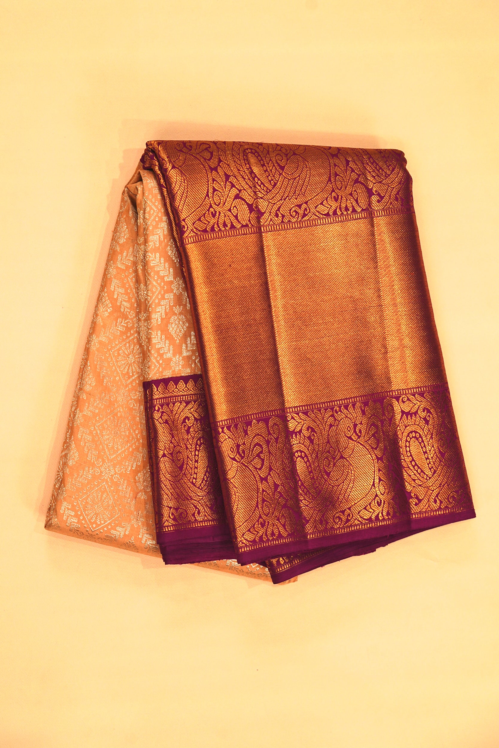 Kanchipuram Silk Jaal And Butta Pastel Orange Saree