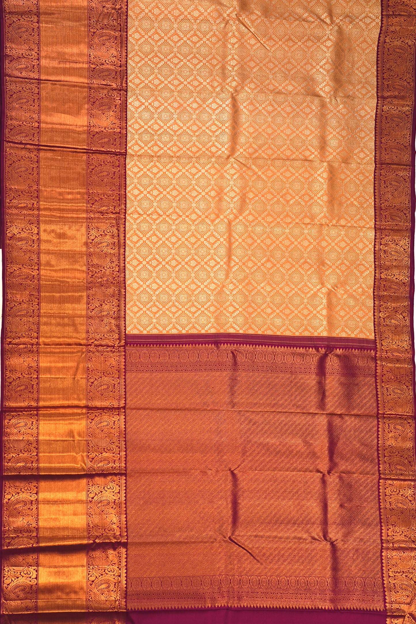 Kanchipuram Silk Jaal And Butta Pastel Orange Saree