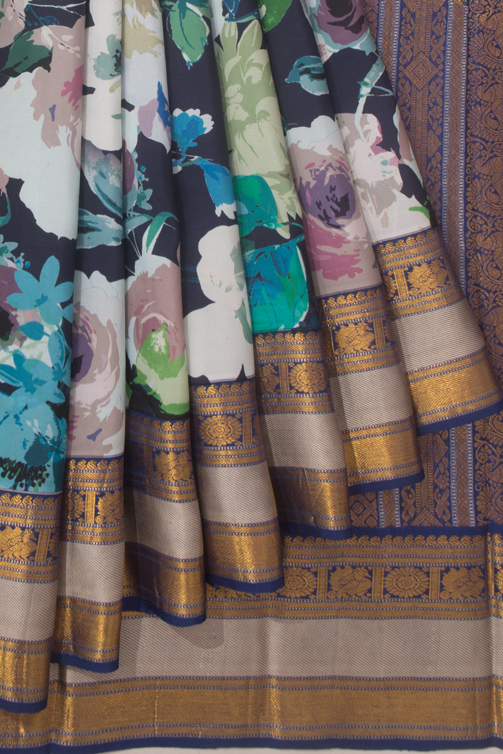 Kanchipuram Silk Floral Printed Dark Blue Saree