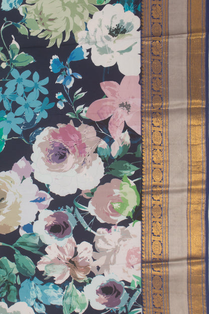 Kanchipuram Silk Floral Printed Dark Blue Saree