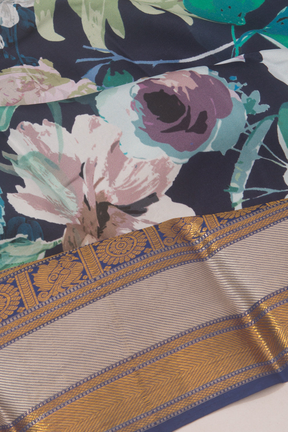 Kanchipuram Silk Floral Printed Dark Blue Saree