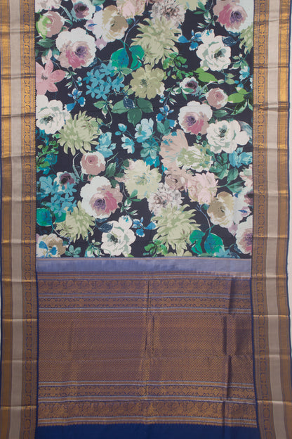 Kanchipuram Silk Floral Printed Dark Blue Saree
