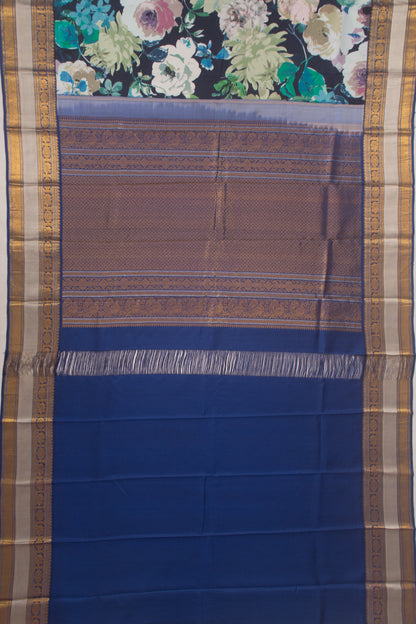 Kanchipuram Silk Floral Printed Dark Blue Saree