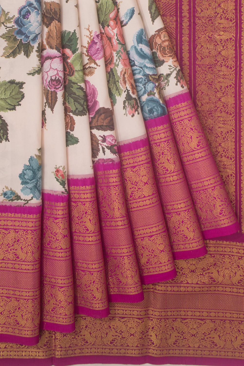 Kanchipuram Silk Floral Printed Peach Saree With Ikat Blouse