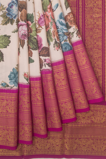 Kanchipuram Silk Floral Printed Peach Saree With Ikat Blouse