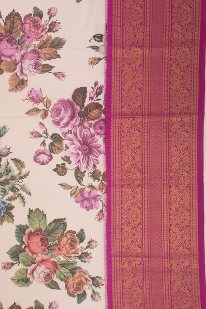Kanchipuram Silk Floral Printed Peach Saree With Ikat Blouse