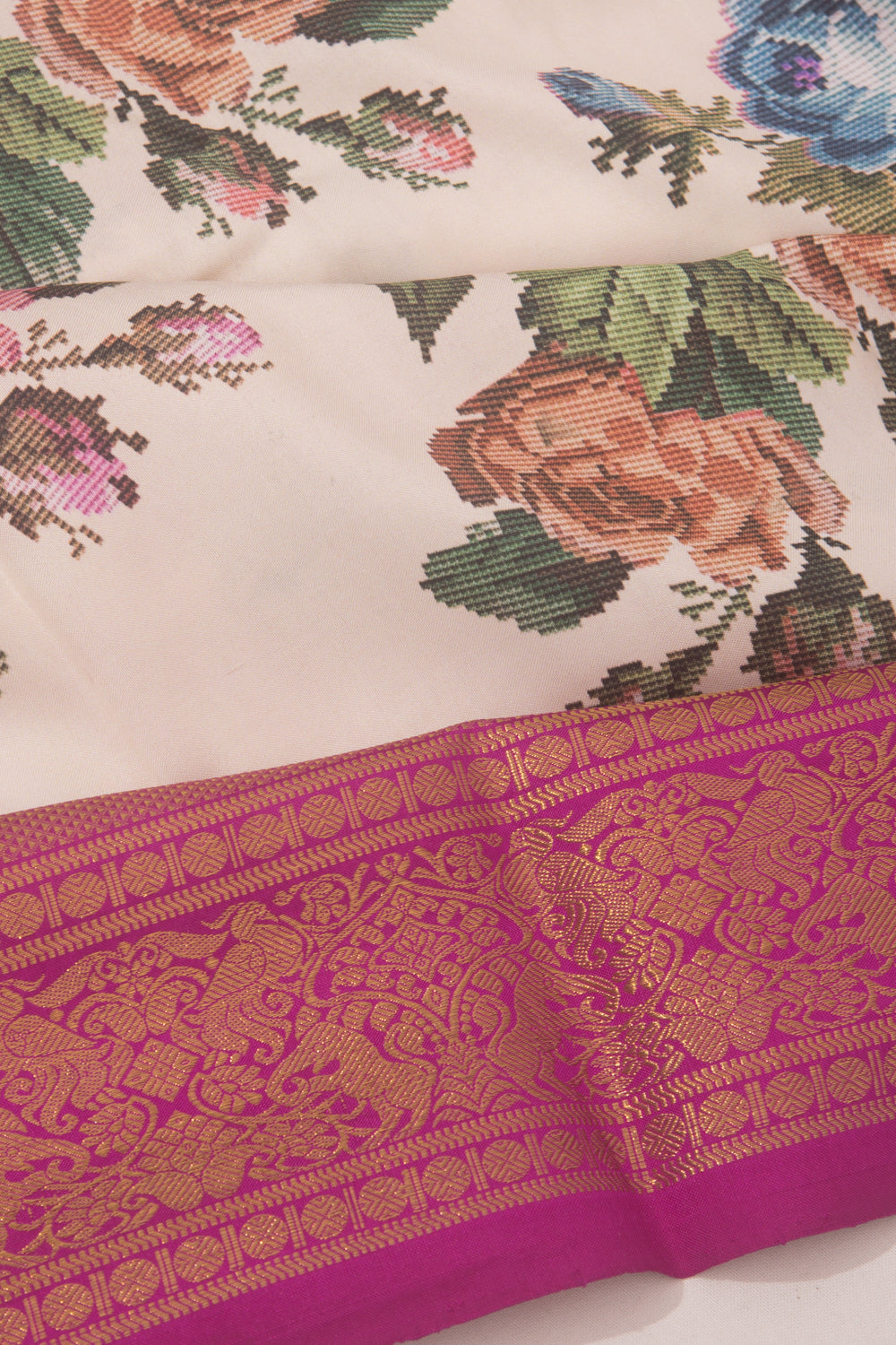 Kanchipuram Silk Floral Printed Peach Saree With Ikat Blouse