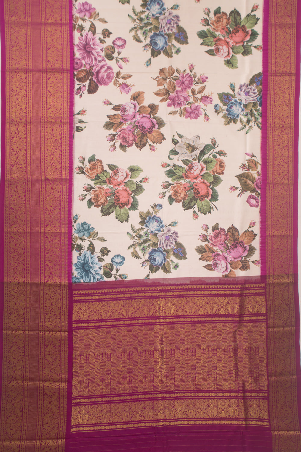 Kanchipuram Silk Floral Printed Peach Saree With Ikat Blouse