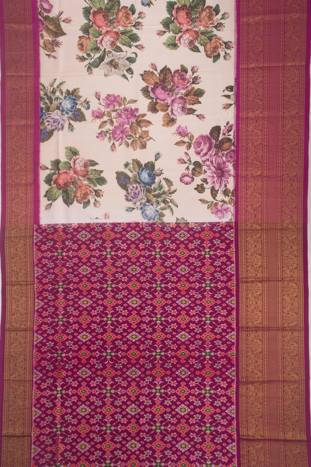 Kanchipuram Silk Floral Printed Peach Saree With Ikat Blouse