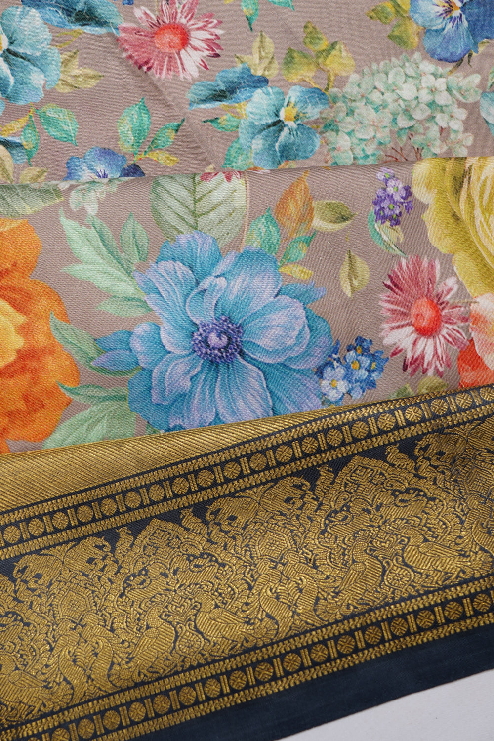 Kanchipuram Silk Floral Printed Grey Saree