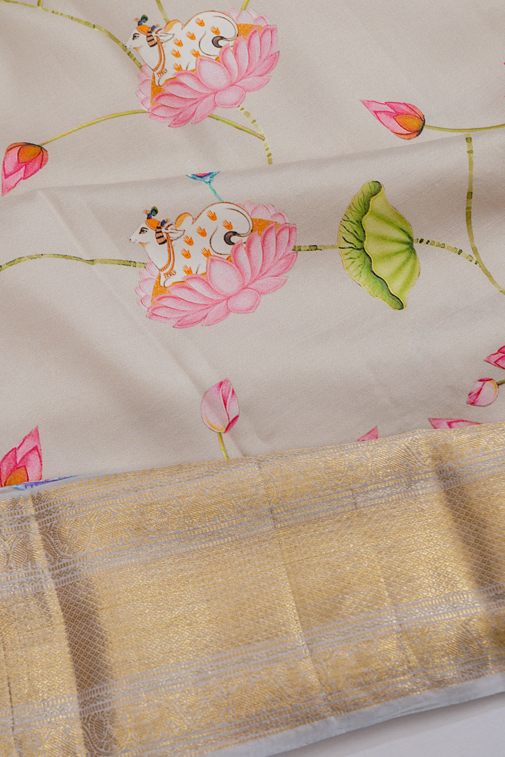 Kanchipuram Silk Pichwai Printed Grey Saree 1213530265